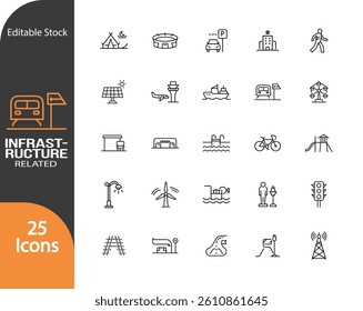 25 Linear Icons Depicting Essential Infrastructure Elements