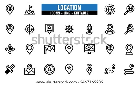 25 location icons set, vector line, editable stroke.