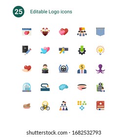 25 logo flat icons set isolated on . Icons set with dating, firework, love, Stationery, dove, Plumbing service, caring, Reading, Autopilot, Future technology, Garden hose icons.