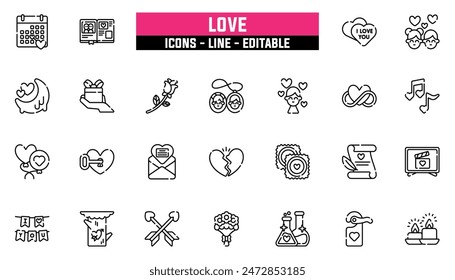 25 love icons set, vector line, editable stroke.