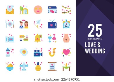 25 Love And Wedding Flat icon pack. vector illustration.
