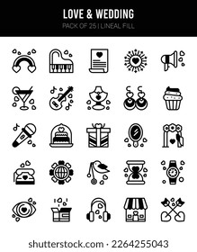 25 Love And Wedding Lineal Fill icons Pack vector illustration.
