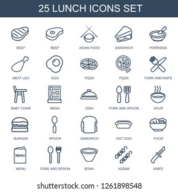 25 lunch icons. Trendy lunch icons white background. Included outline icons such as beef, asian food, sandwich, porridge, meat leg, egg, pizza. lunch icon for web and mobile.