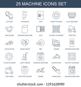 25 machine icons. Trendy machine icons white background. Included line icons such as lottery, chainsaw, atm, heart in gear, Slot machine, saw blade. icon for web and mobile.