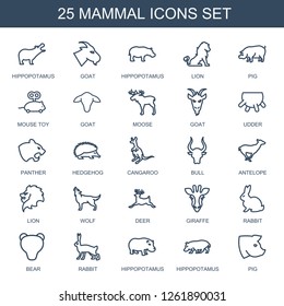 25 mammal icons. Trendy mammal icons white background. Included outline icons such as hippopotamus, goat, lion, pig, mouse toy, moose, udder, panther. mammal icon for web and mobile.