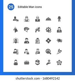 25 man filled icons set isolated on . Icons set with professional, builder, security, business hero, Helmet, success, Angel investor, girlfriend, wedding ceremony, Accountant icons.