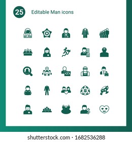 25 man filled icons set isolated on . Icons set with astronaut, teamwork, groom, developers team, boyfriend, career growth, Target Audience, Collaborative idea, Developer icons.