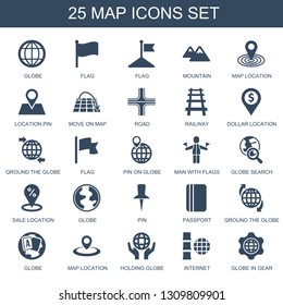 25 map icons. Trendy map icons white background. Included filled icons such as globe, flag, mountain, map location, location pin, move on road. icon for web and mobile.