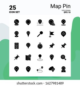 25 Map Pin Icon Set. 100% Editable EPS 10 Files. Business Logo Concept Ideas Solid Glyph icon design