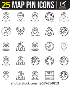 25 Map Pin Icons Set – Minimal Thin Line GPS, Navigation, and Location Marker Symbols
