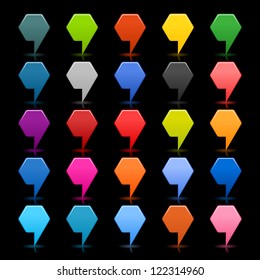 25 map pin sign location pointer icon. Blank satin rounded hexagon button popular colors with reflection on black background. Simple style. Vector illustration web internet design element in 8 eps