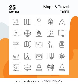 25 Maps & Travel Icon Set. 100% Editable EPS 10 Files. Business Logo Concept Ideas Line icon design