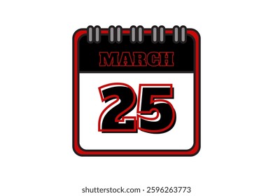 25 March calendar icon text page monthly web design on red, black and white background vector, icon, or illustration with the month of March 25