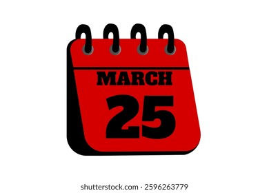 25 March calendar icon text page monthly web design on red, black and white background vector, icon, or illustration with the month of March 25