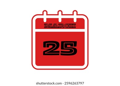 25 March calendar icon text page monthly web design on red, black and white background vector, icon, or illustration with the month of March 25