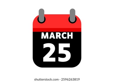 25 March calendar icon text page monthly web design on red, black and white background vector, icon, or illustration with the month of March 25