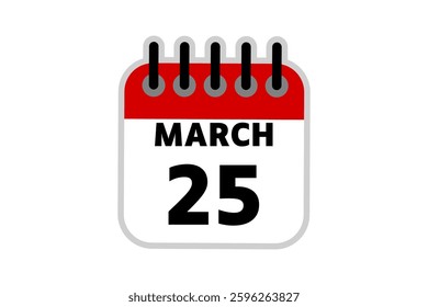 25 March calendar icon text page monthly web design on red, black and white background vector, icon, or illustration with the month of March 25
