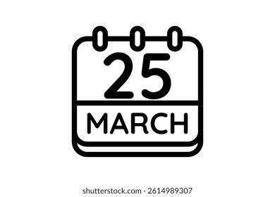 25 March calendar icon text page monthly web design on black and white background vector, icon, or illustration with the month of March 25