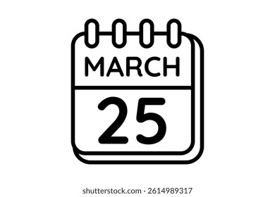 25 March calendar icon text page monthly web design on black and white background vector, icon, or illustration with the month of March 25