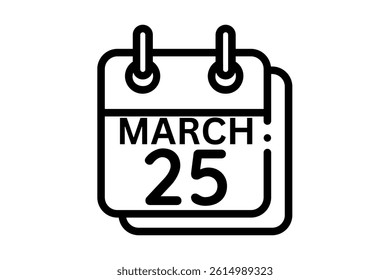 25 March calendar icon text page monthly web design on black and white background vector, icon, or illustration with the month of March 25