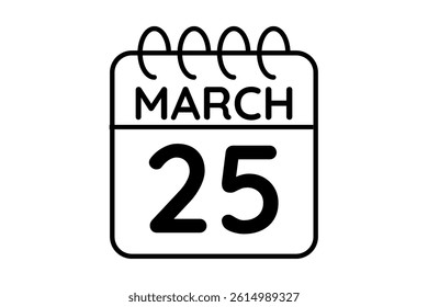 25 March calendar icon text page monthly web design on black and white background vector, icon, or illustration with the month of March 25