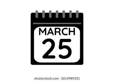 25 March calendar icon text page monthly web design on black and white background vector, icon, or illustration with the month of March 25