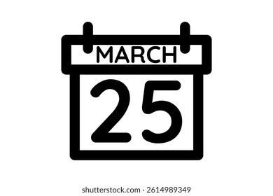 25 March calendar icon text page monthly web design on black and white background vector, icon, or illustration with the month of March 25