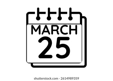 25 March calendar icon text page monthly web design on black and white background vector, icon, or illustration with the month of March 25