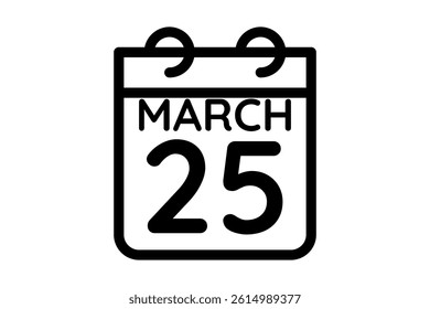 25 March calendar icon text page monthly web design on black and white background vector, icon, or illustration with the month of March 25