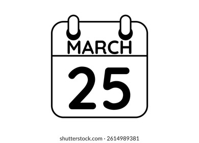 25 March calendar icon text page monthly web design on black and white background vector, icon, or illustration with the month of March 25