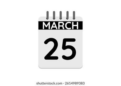 25 March calendar icon text page monthly web design on black and white background vector, icon, or illustration with the month of March 25