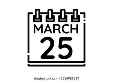 25 March calendar icon text page monthly web design on black and white background vector, icon, or illustration with the month of March 25
