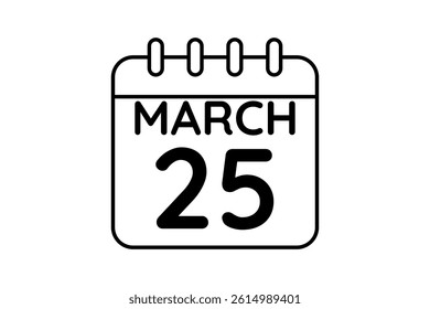 25 March calendar icon text page monthly web design on black and white background vector, icon, or illustration with the month of March 25