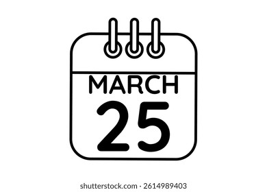 25 March calendar icon text page monthly web design on black and white background vector, icon, or illustration with the month of March 25