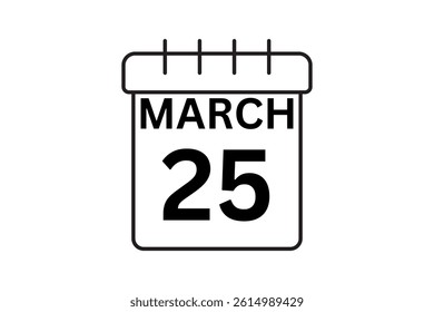 25 March calendar icon text page monthly web design on black and white background vector, icon, or illustration with the month of March 25