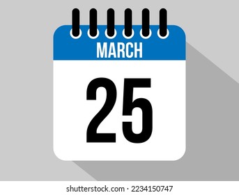 25 March calendar vector icon. Blue March date for the days of the month and the week on a light background