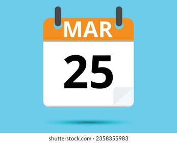 25 March. Flat icon calendar isolated on blue background. Vector illustration.