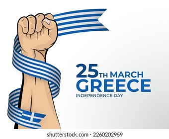 25 March. Vector illustration of Happy Independence Day greeting card for the country of Greece with clenched fists and a flag ribbon. Use for banners on a white background.