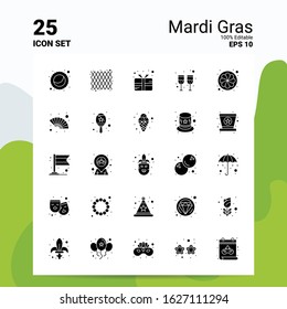 25 Mardi Gras Icon Set. 100% Editable EPS 10 Files. Business Logo Concept Ideas Solid Glyph icon design