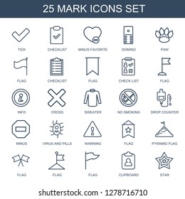 25 mark icons. Trendy mark icons white background. Included outline icons such as tick, checklist, minus favorite, domino, paw, flag, check list. mark icon for web and mobile.