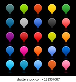 25 marker mapping pin sign web internet icon. Circular shape with reflection on black background. New modern simple style. Empty buttons in popular colors. Vector illustration design element in 8 eps