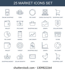 25 market icons. Trendy market icons white background. Included line icons such as online shopping, Coin, pie chart, cargo on palette, shopping cart. market icon for web and mobile.