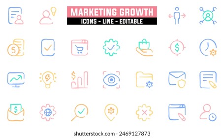 25 marketing growth icons set, vector line, editable stroke.