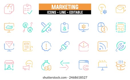 25 marketing icons set, vector line, editable stroke.