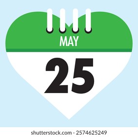 25 May calendar icon green heart shape on light sky blue color background, calendar vector symbol for the month of May.