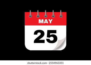 25 May calendar icon text page monthly web design on red, white and black background vector, icon, or illustration with the month of May 25