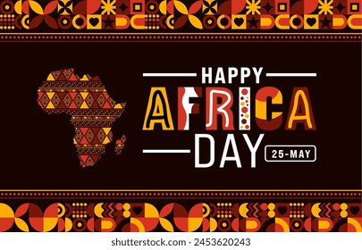 25 May is Happy Africa Day geometric shape pattern background with african map vector design template. Holiday concept. use to background, banner, placard, card, and poster design template.