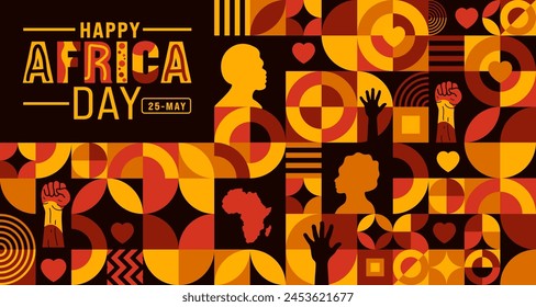 25 May is Happy Africa Day geometric shape pattern background with African man, women and African map design template. Holiday concept. use to background, banner, placard, card, and poster template.