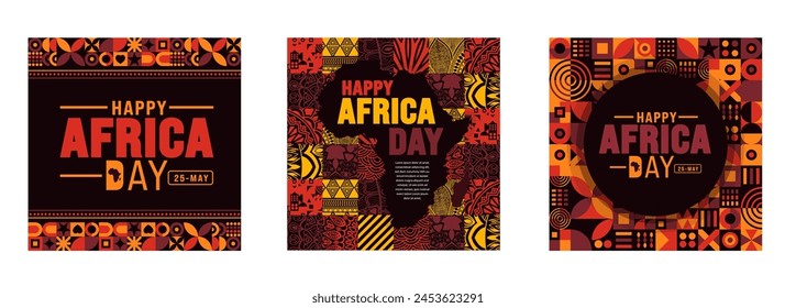 25 May is Happy Africa Day social media post banner design template set with geometric shape pattern and African map. Holiday concept. use to background, banner, placard, card, and poster template.