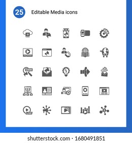 25 media filled icons set isolated on . Icons set with Email Marketing, social media specialist, Mobile marketing, Video marketing, Promo website, User Engagement, Social icons.